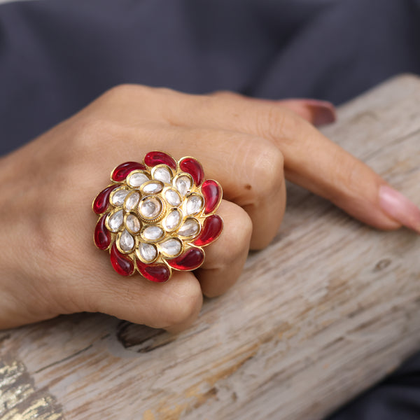 Gold Plated Deep Pink Kundan Ring