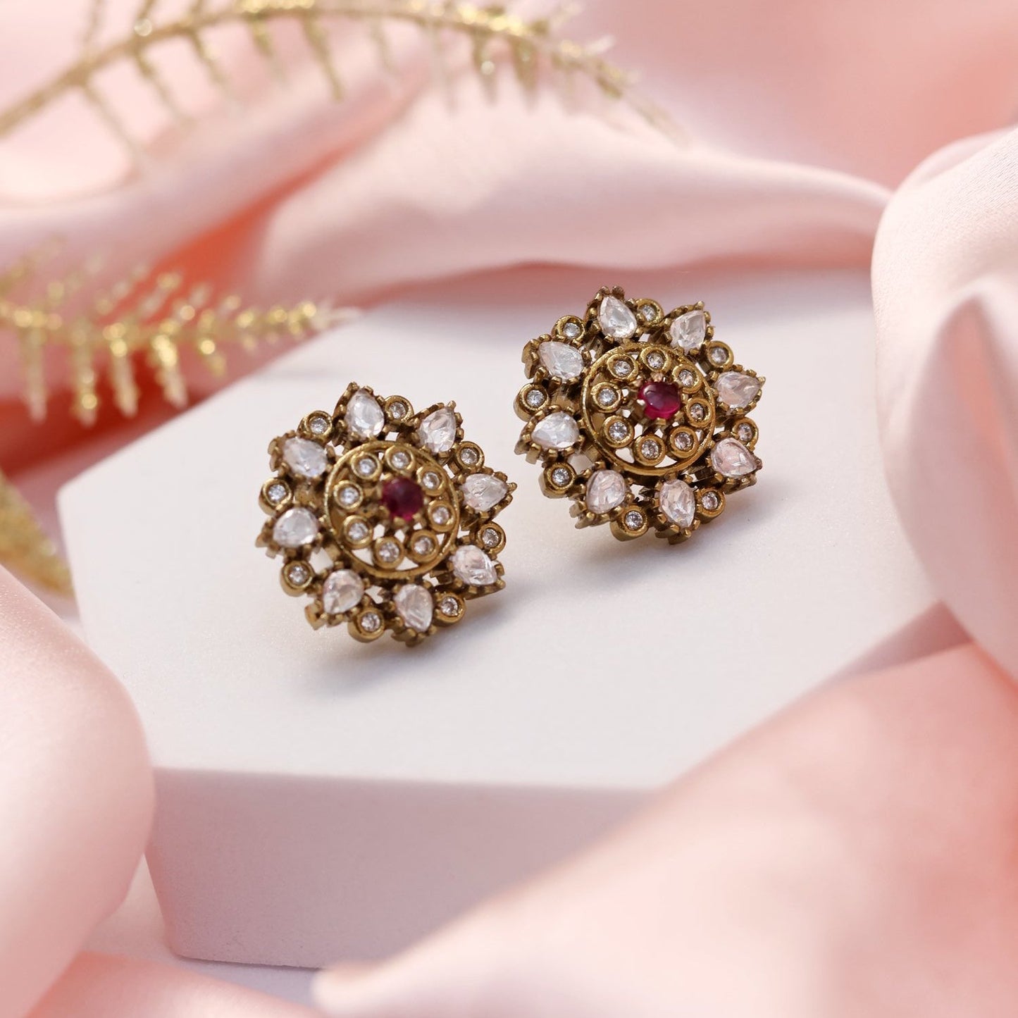 Polki Studs with Ruby Colour Stone