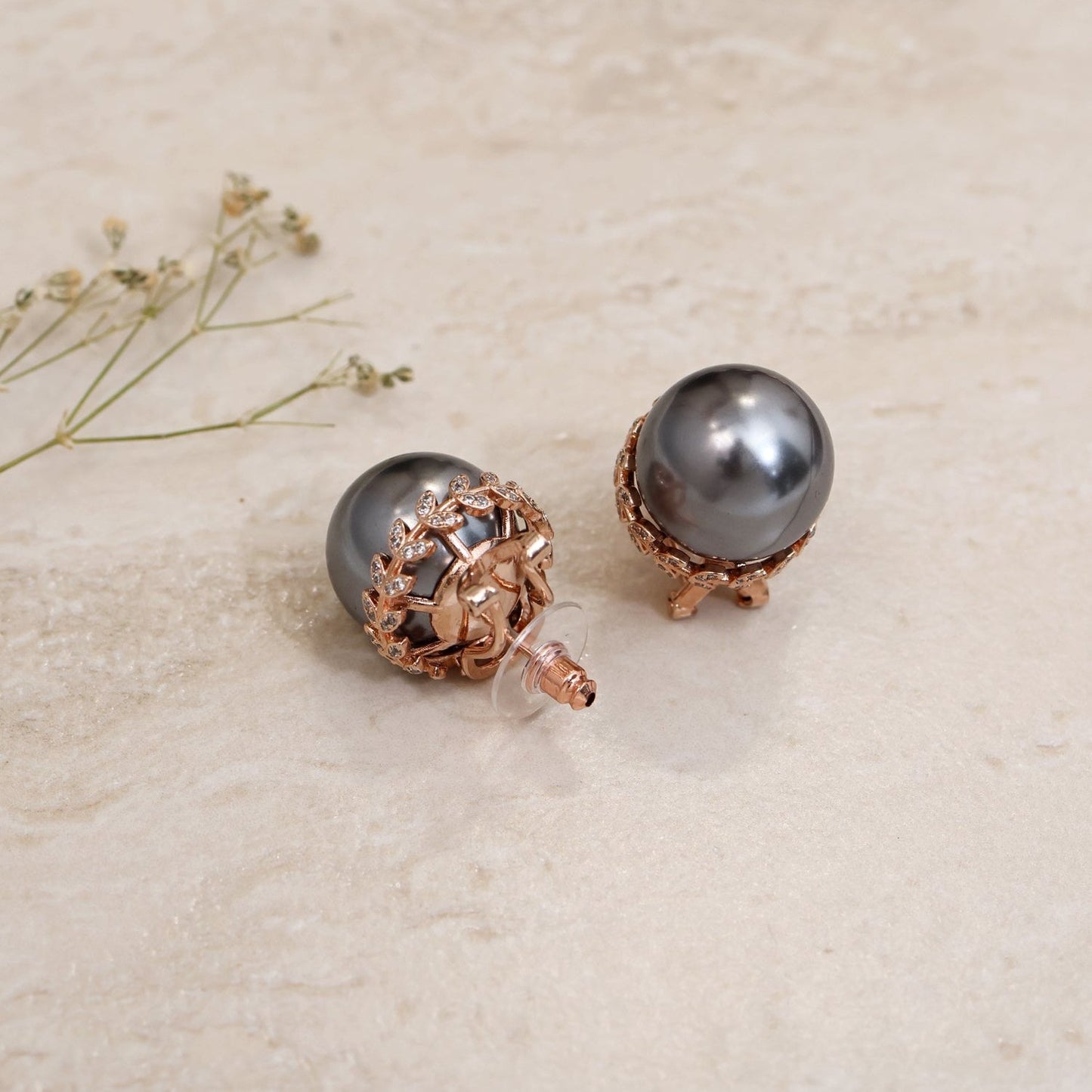 Chrome Grey CZ Pearl Studs with Backclip