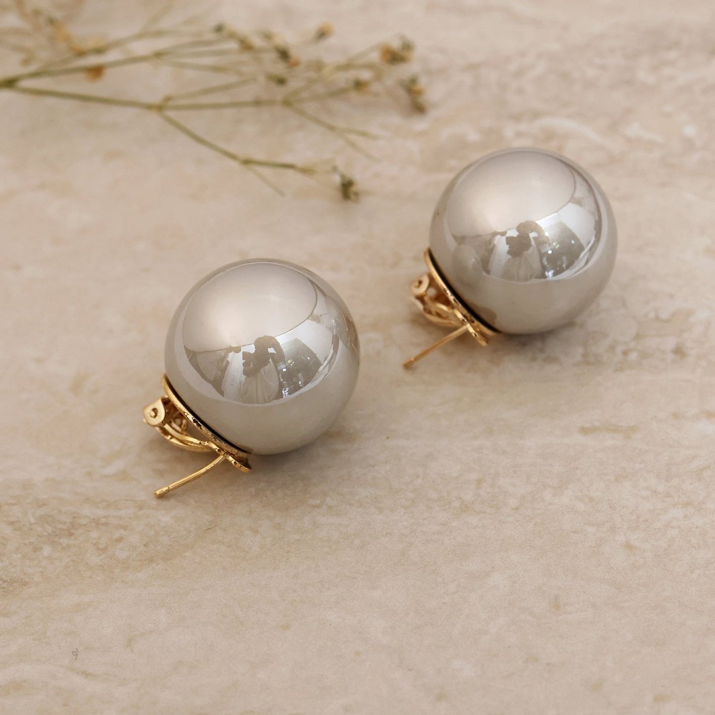 Chrome Grey Pearl Studs with Back Clip