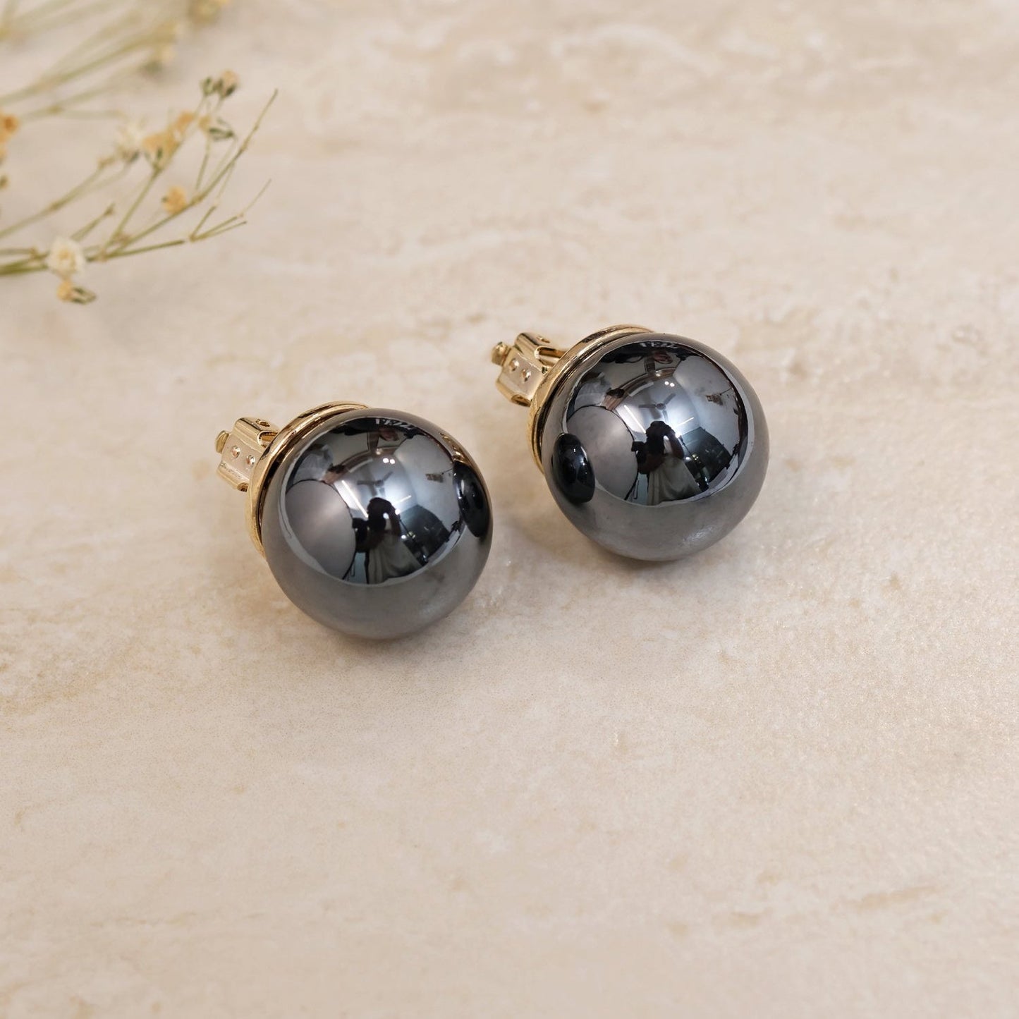 Chrome Black Pearl Studs with Back Clip