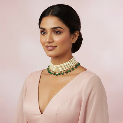 Vishakha Emerald Toned Pearl Choker