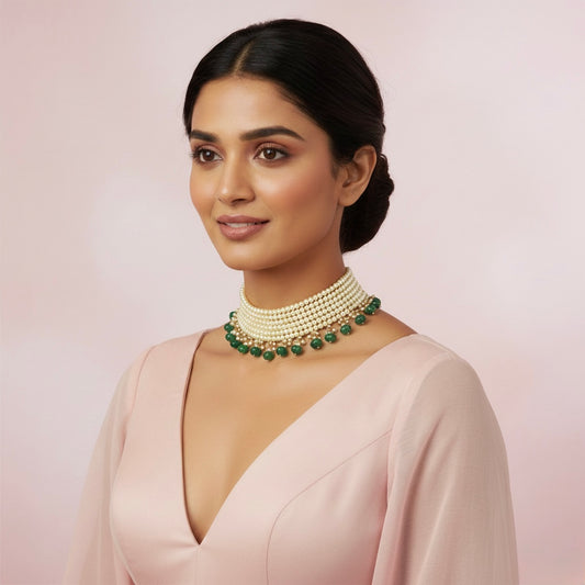 Vishakha Emerald Toned Pearl Choker