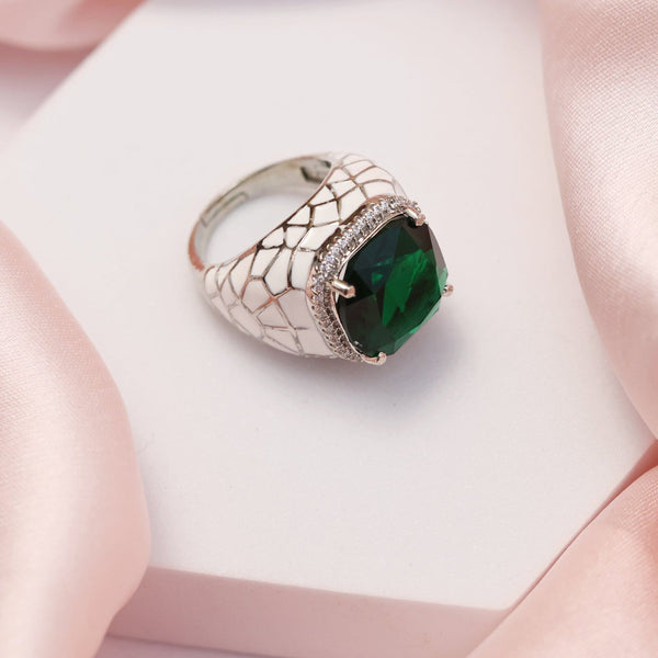 White Enamel Green Stone Ring