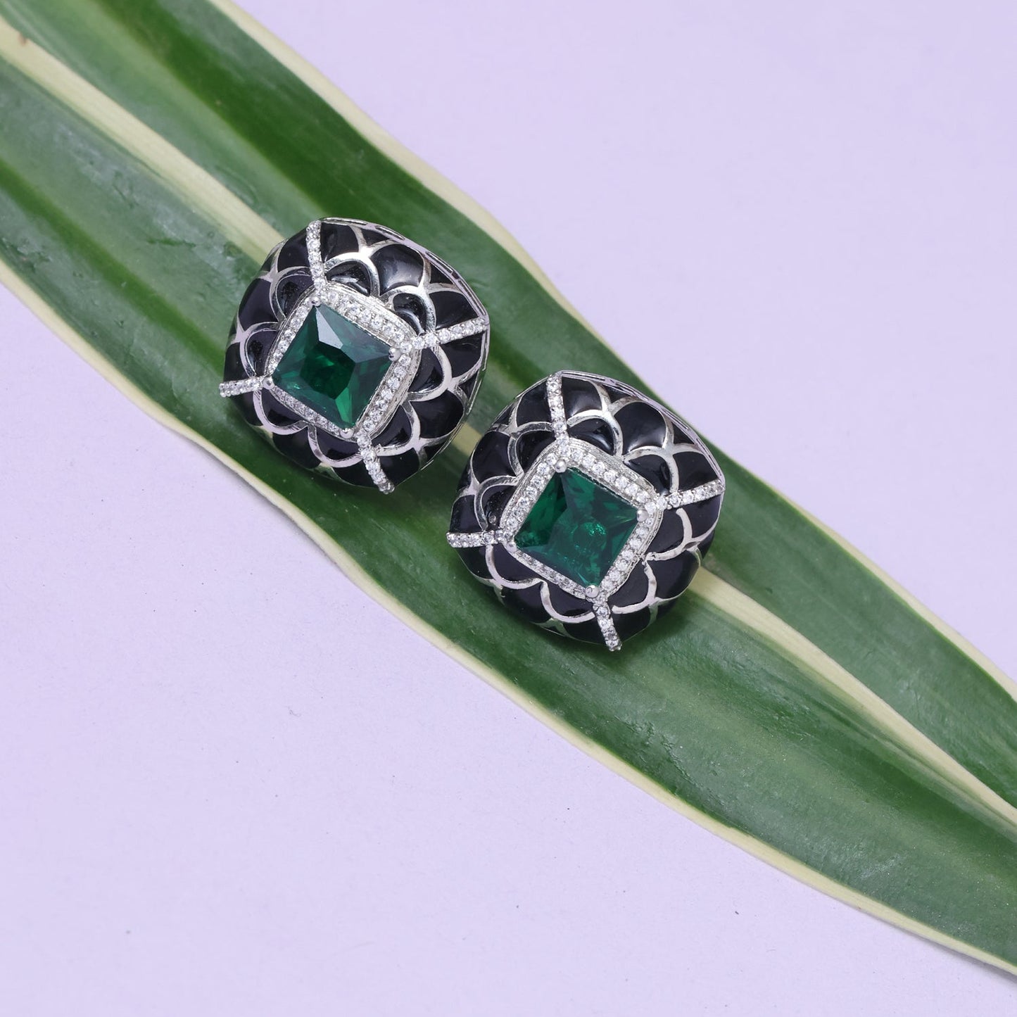 Black Enamel Green Stone Studded Earrings