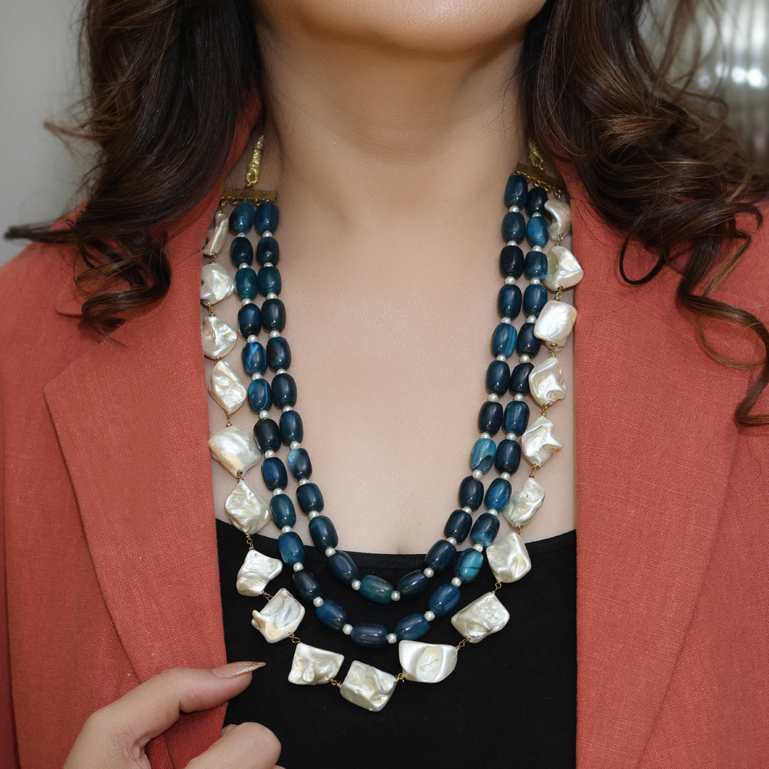 Rihaana Blue Layered Beads Necklace