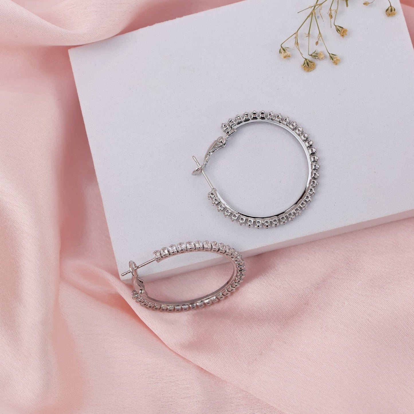 CZ Silver Toned Hoop Earrings