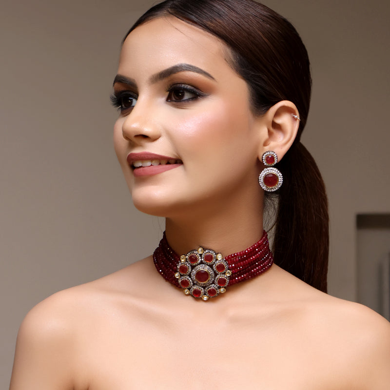 Faraah Ruby Colour Choker Necklace Set