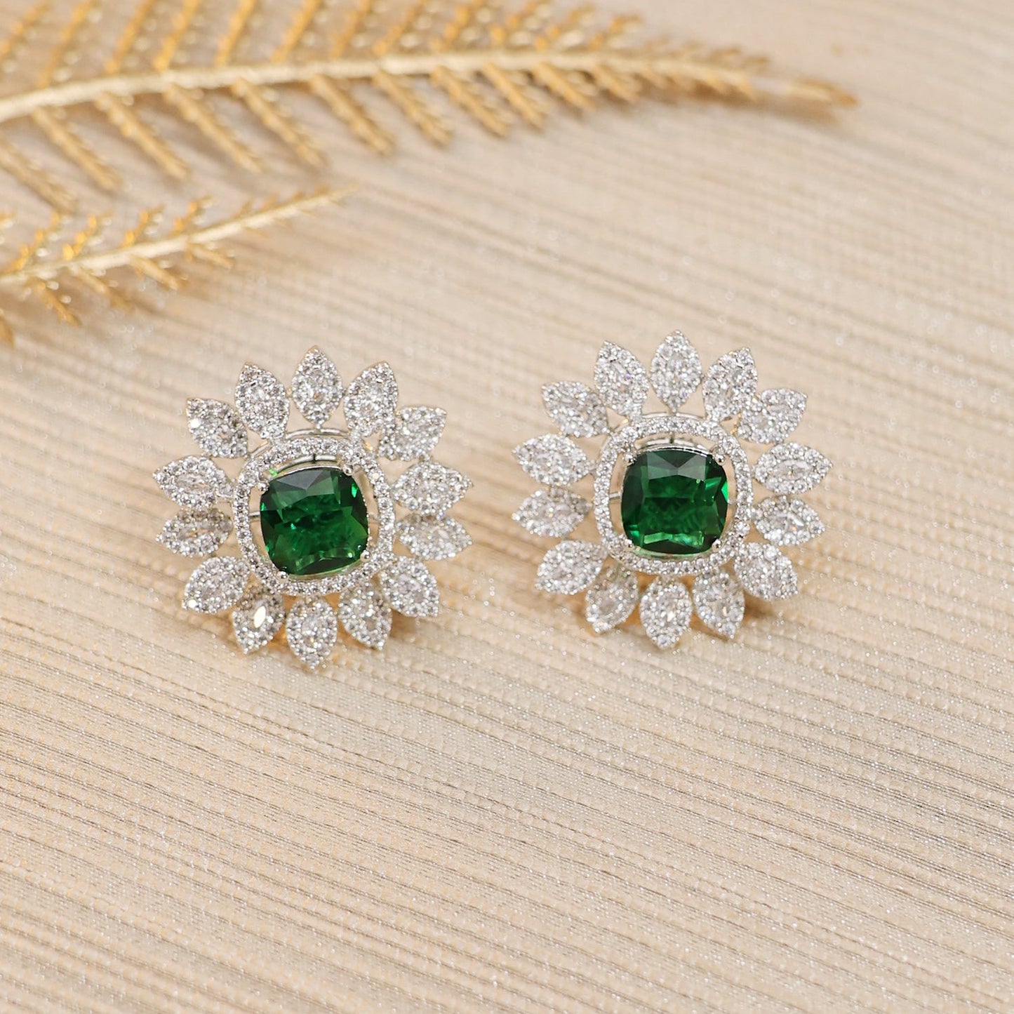 Greeen Stone Studded Zirconia Earrings