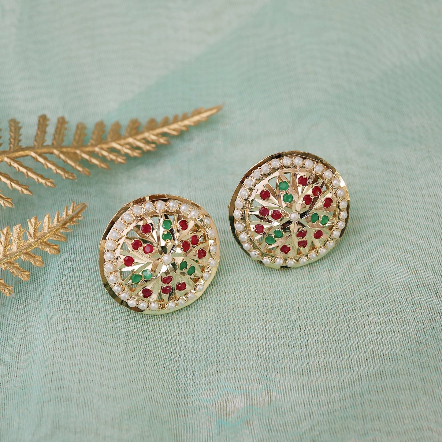 Ruby and Green Coloured Jadau Earrings