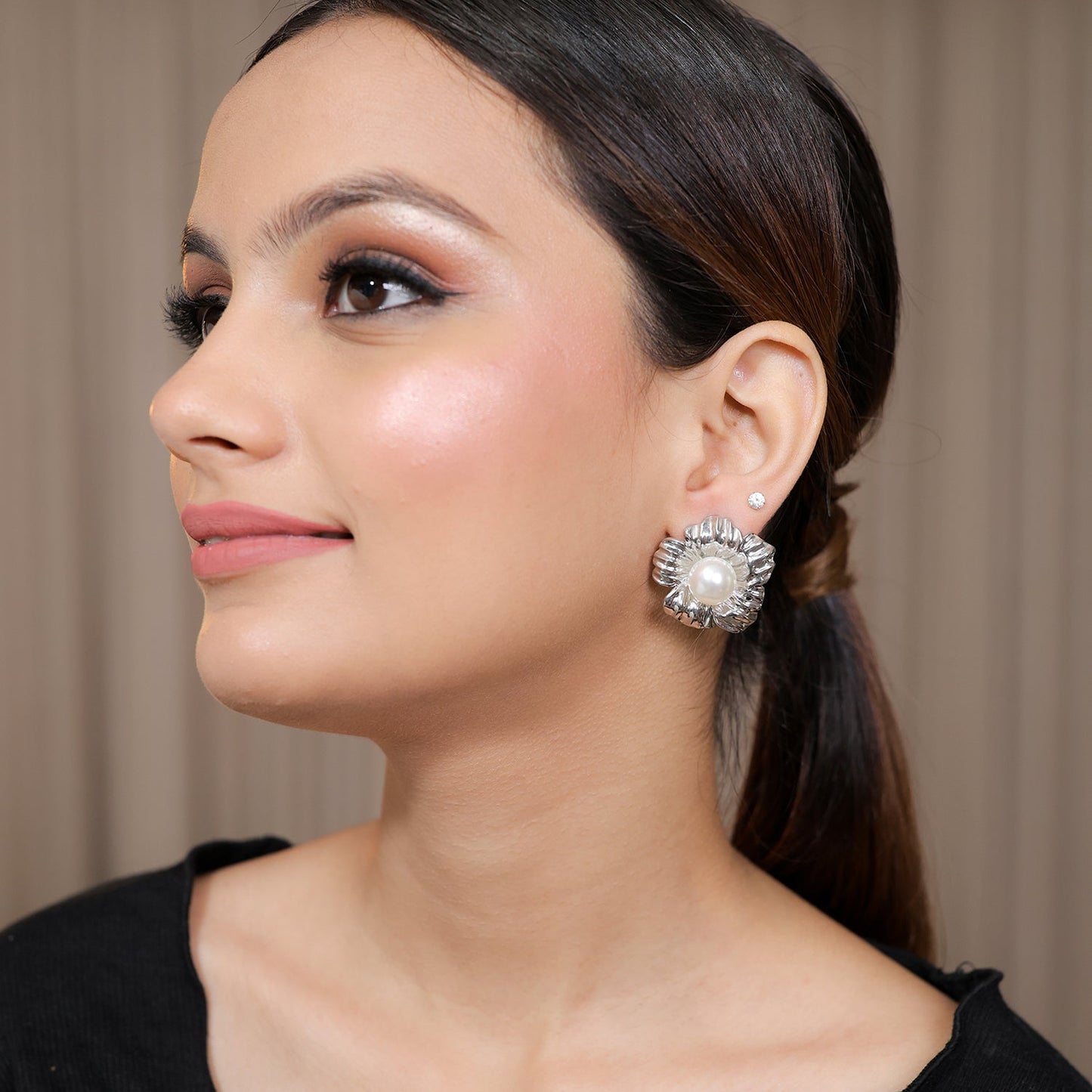 Flora Silver Toned Pearl Earrings