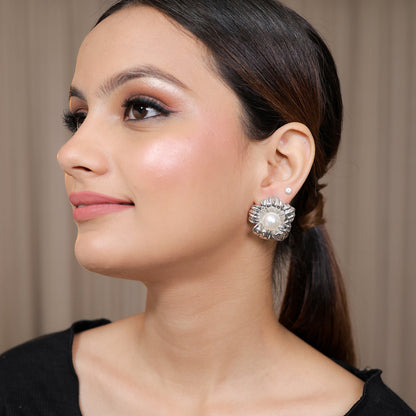 Flora Silver Toned Pearl Earrings
