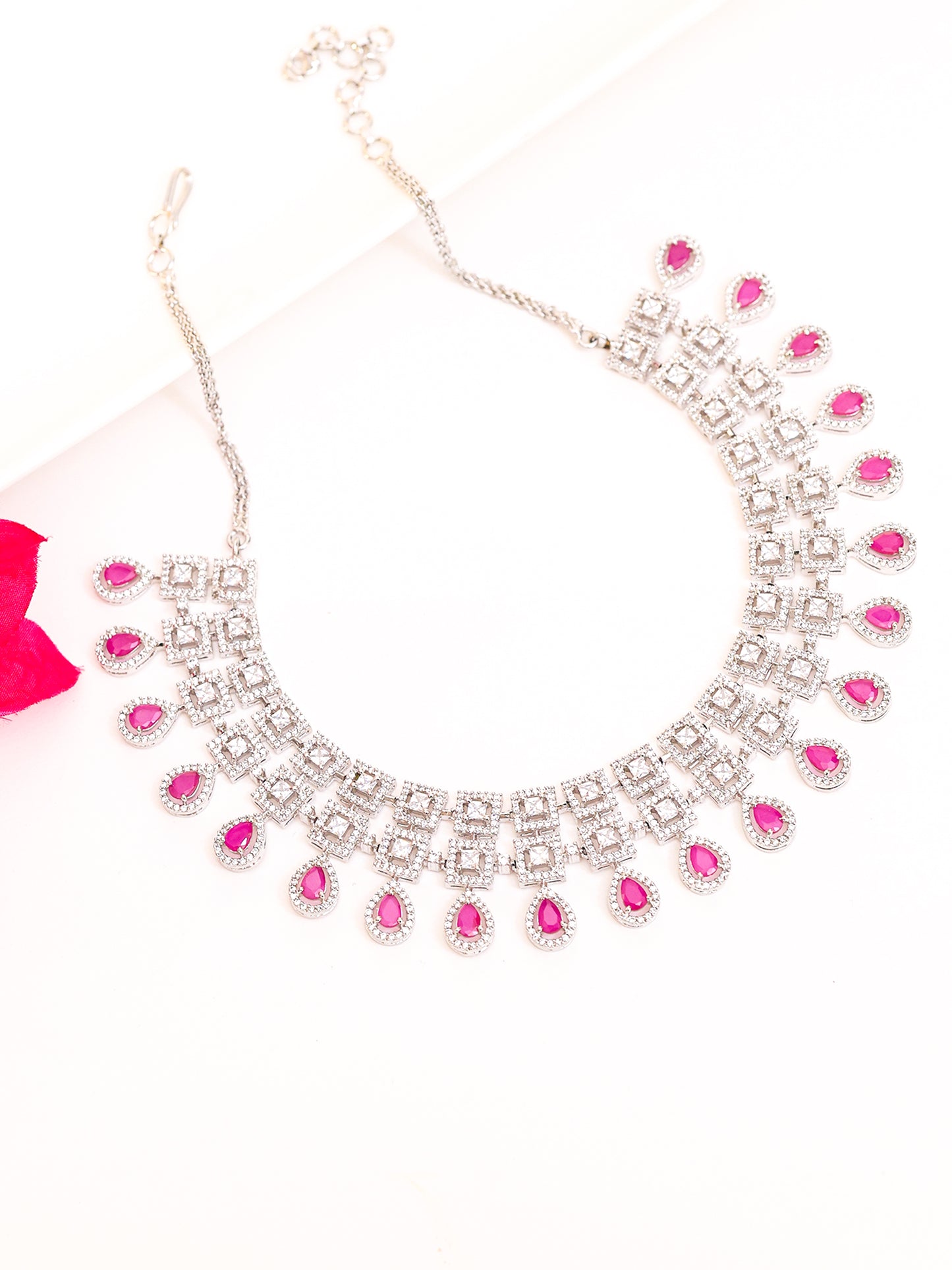 Zirconia Necklace Set with Ruby colour drops