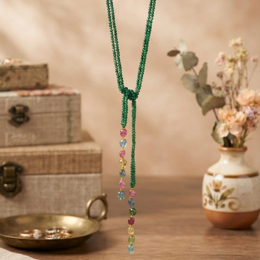 Tie Necklace in Emerald and Ruby Toned Colour