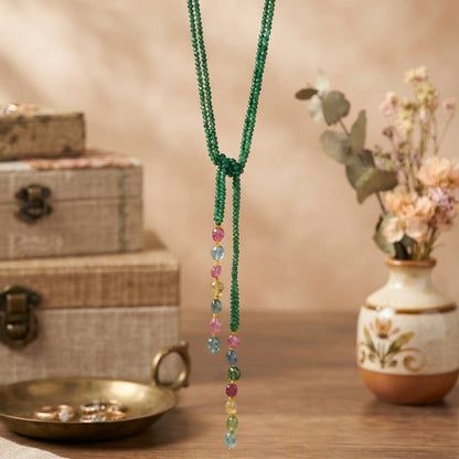Tie Necklace in Emerald and Ruby Toned Colour