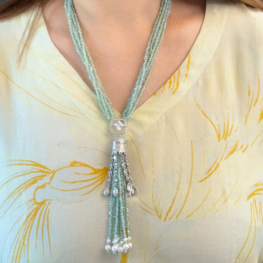 Layla Aqua Layered Necklace with Zirconia Tassel