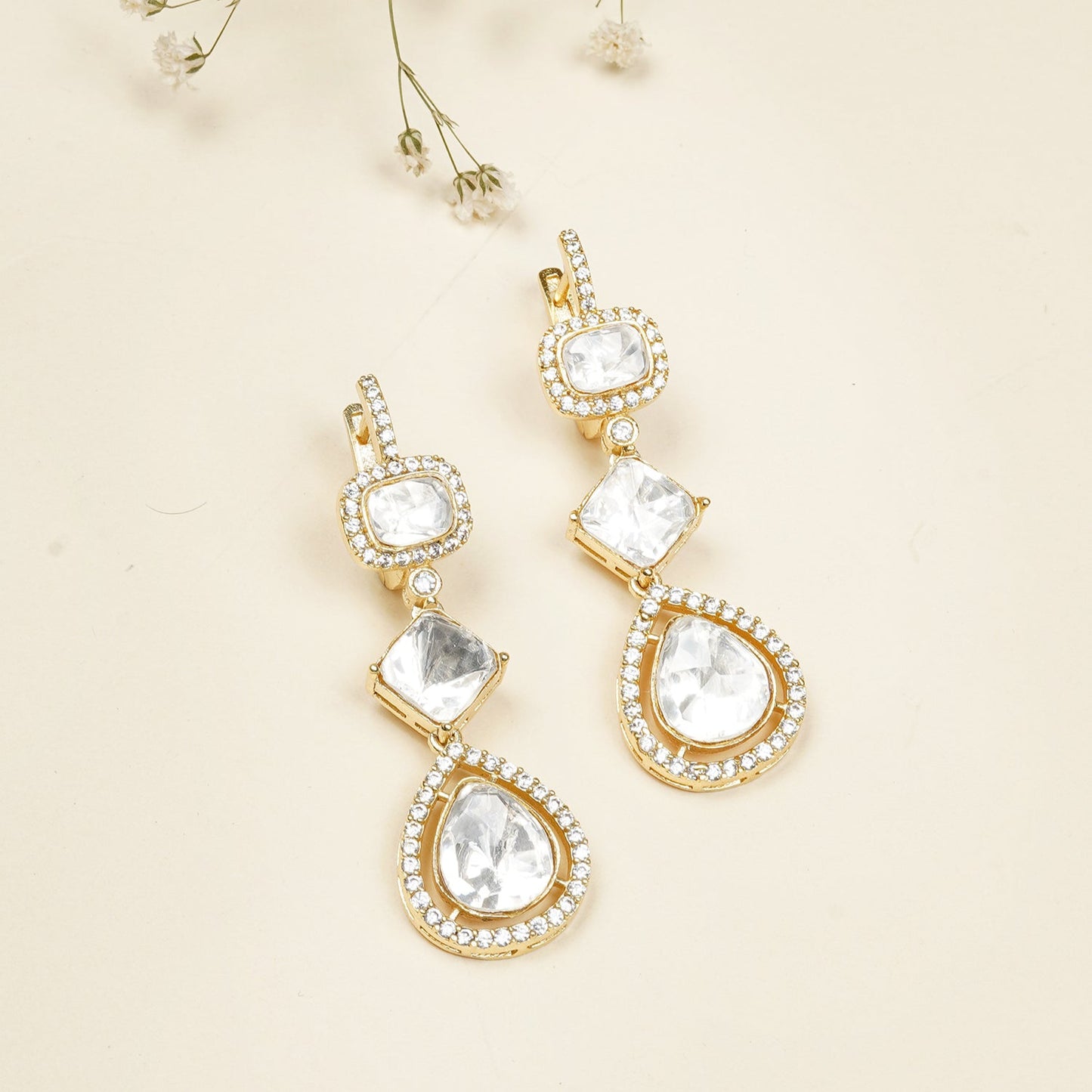 Gold Plated Polki Drop Earrings