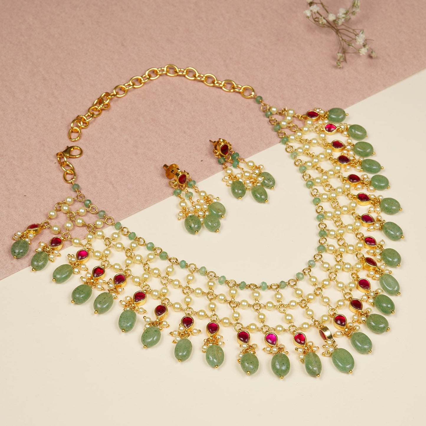 Nitasha Pearl and Green Drop Necklace Set