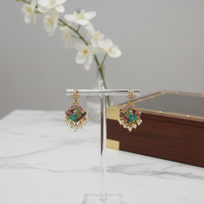 Royal Pink & Green Enamel Floral Pearl Jhumka Earrings