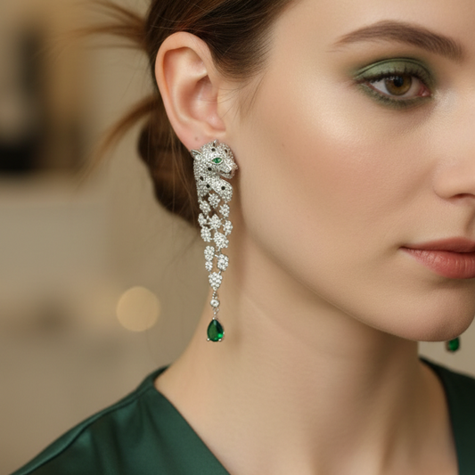 Green Gem Panther Earrings