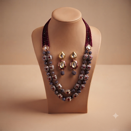 Rubika Mettalic Victorian Ruby Toned Necklace With Earrings