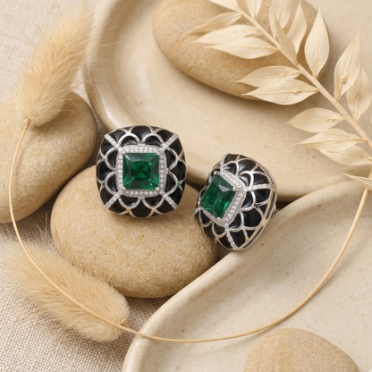 Black Enamel Green Stone Studded Earrings