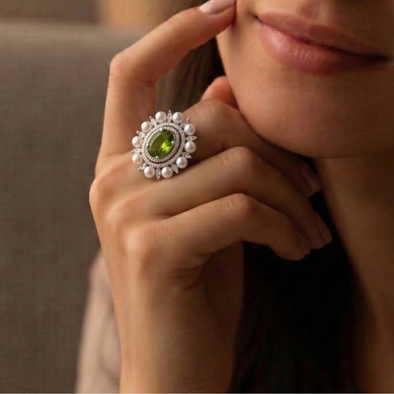 oval shaped emerald pearl ring