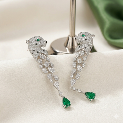 Green Gem Panther Earrings