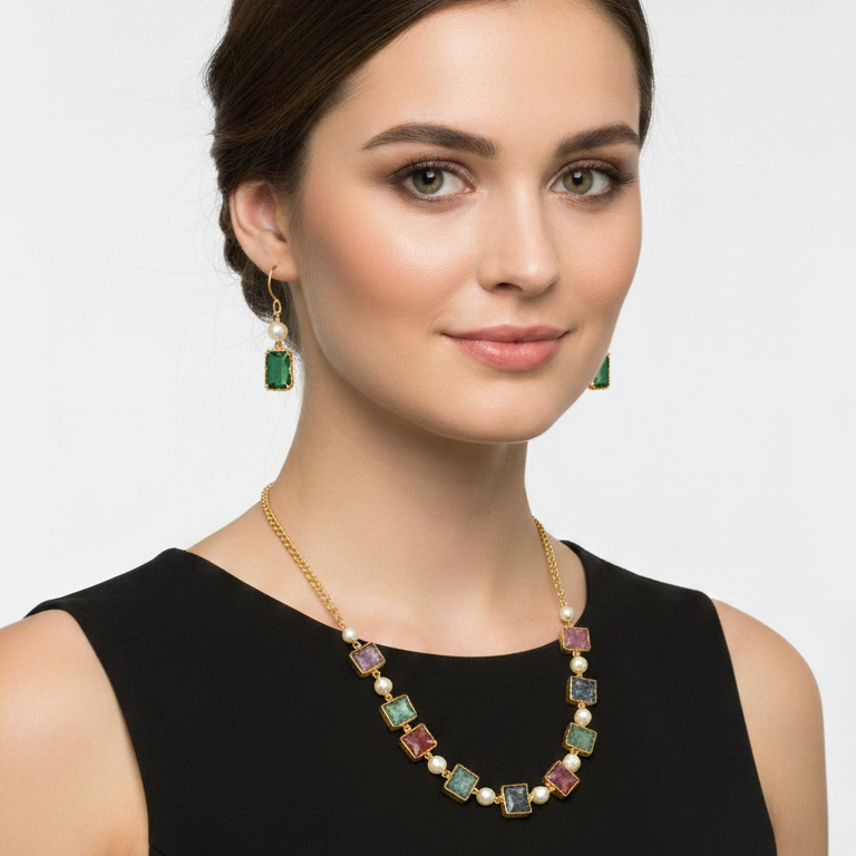 Multicolour Gemstone Pearl Necklace Set