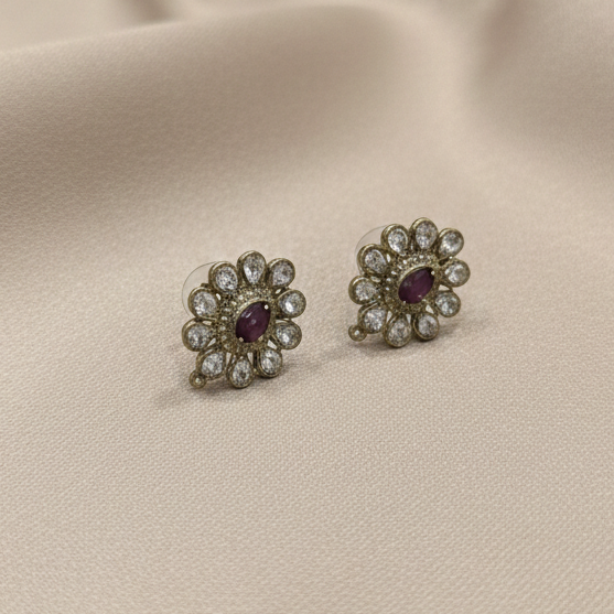 Vintage Ruby-Centered Floral Crystal Stud Earrings