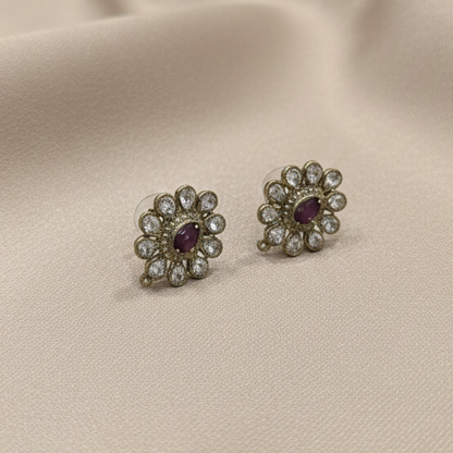 Vintage Ruby-Centered Floral Crystal Stud Earrings