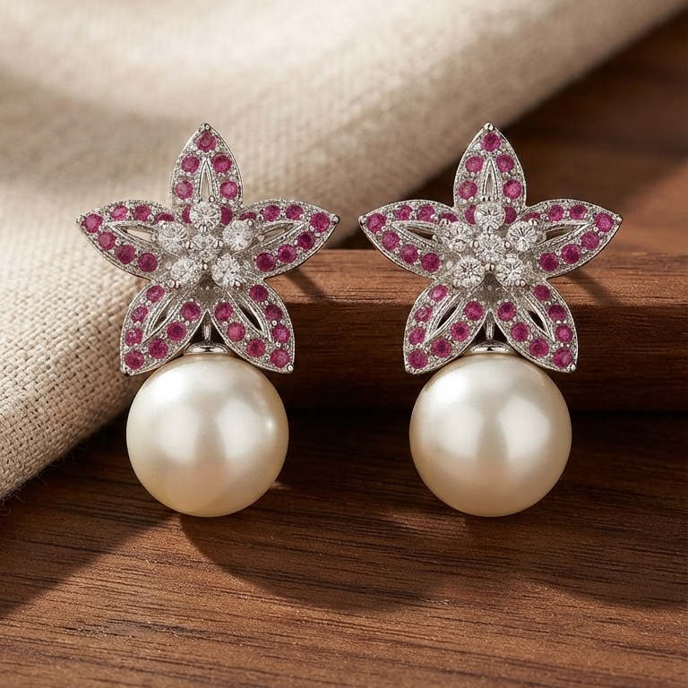 Ruby Blossom Pearl Drop Earrings