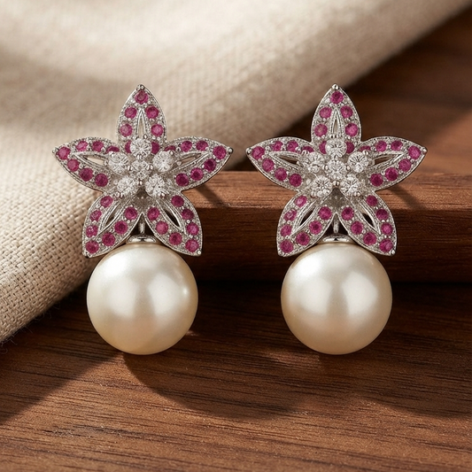 Ruby Blossom Pearl Drop Earrings