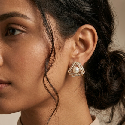Gold Toned Triangle Pearl Stud Earrings