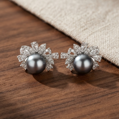 Midnight Petal Pearl Stud Earrings