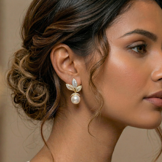 LEAFY GOLD AND SILVER PEARL DROP EARRING