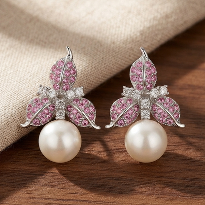 Rosy Butterfly Pearl Drop Earrings