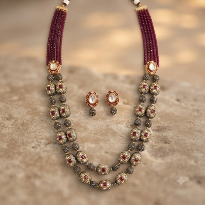 Rubika Mettalic Victorian Ruby Toned Necklace With Earrings