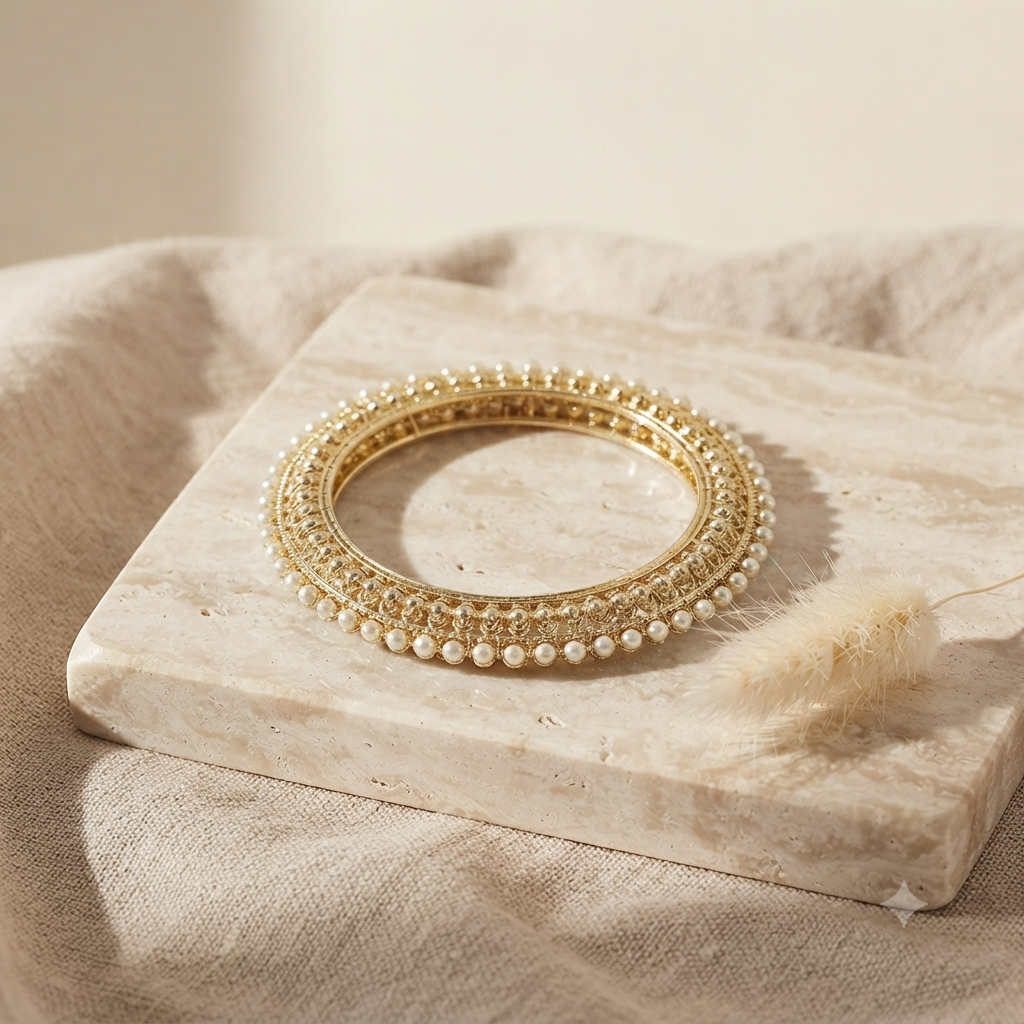 Gold Plated Pearl Kada Bracelet