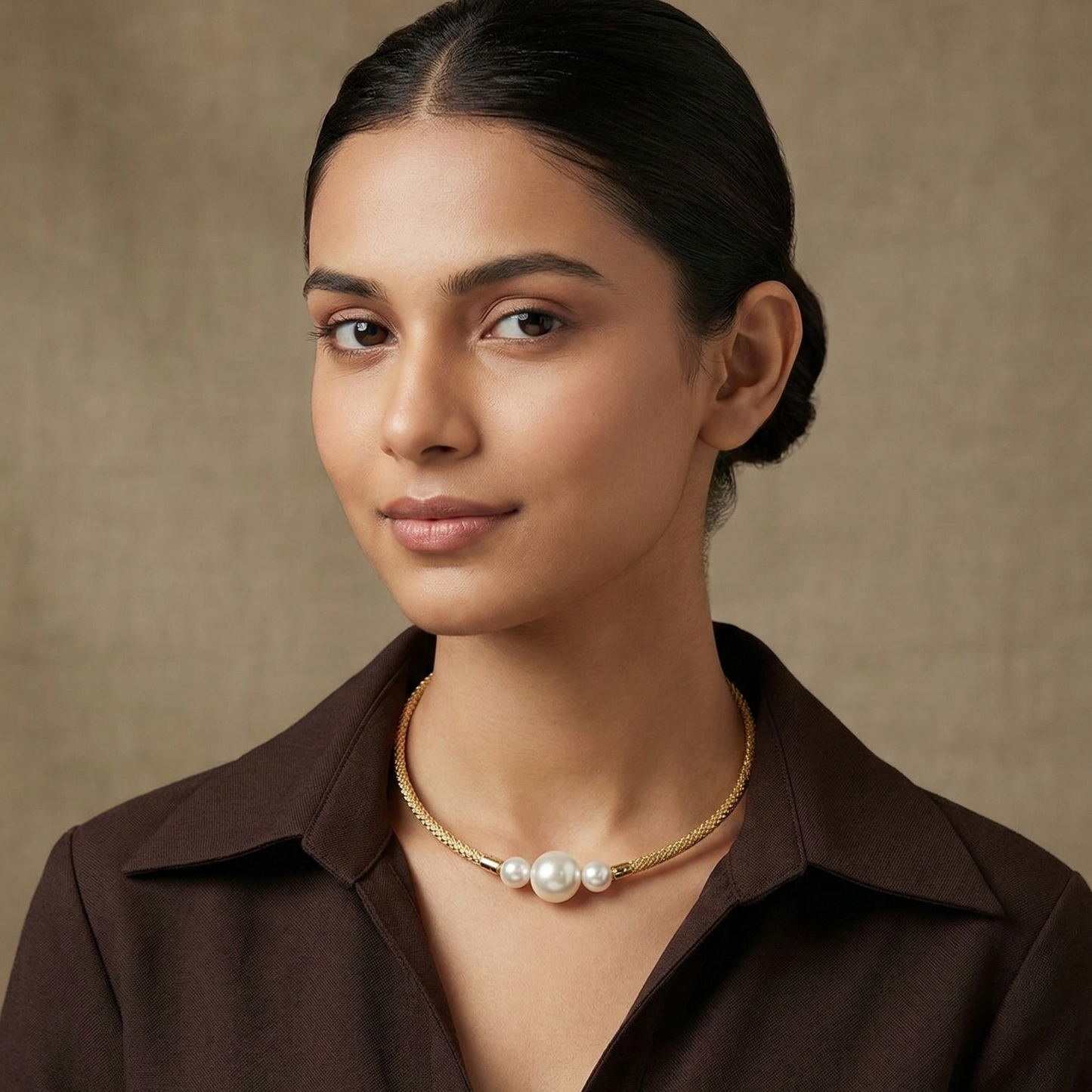 Gold Toned Pearl Choker Necklace