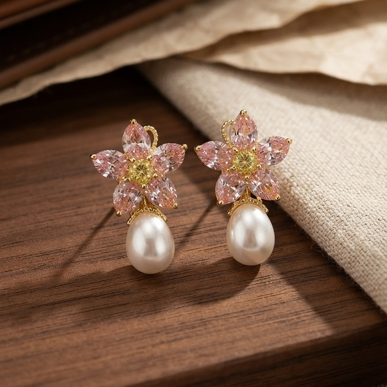 Pink Crystal Pearl Drop Earrings