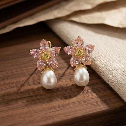 Pink Crystal Pearl Drop Earrings