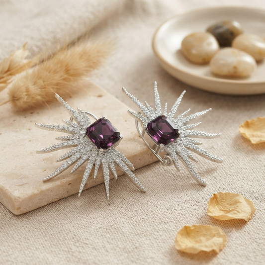Wine Colour Zirconia and Crystal Earrings