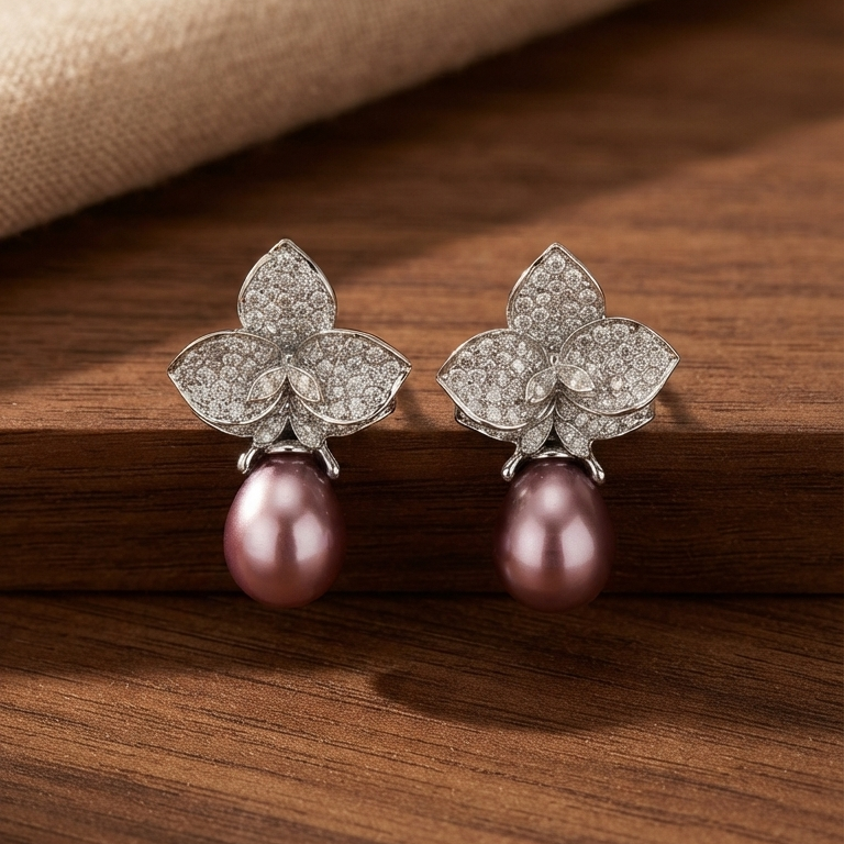 Embellished Purple Pearl Drop Earrings