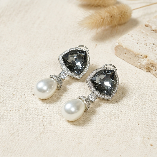 Grey Crystal Pearl Drop Earrings