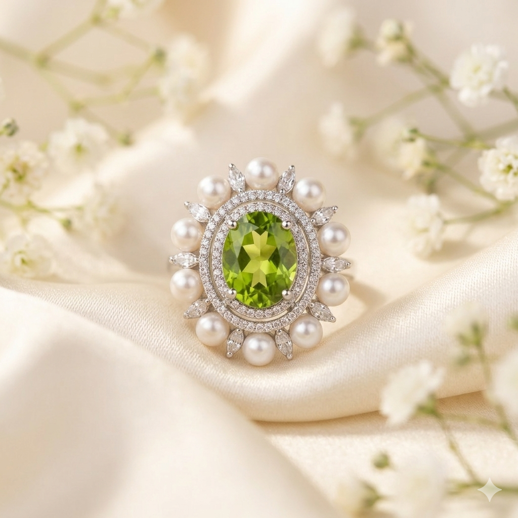 oval shaped emerald pearl ring