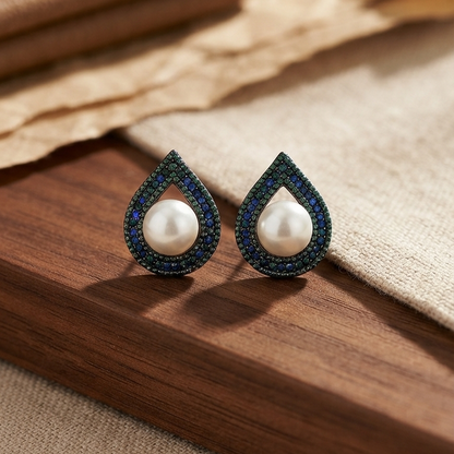 Teardrop Pearl & Blue Stud Earrings