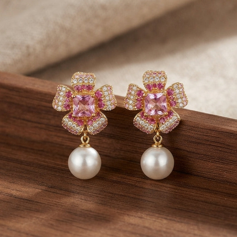 Elegant Pink Crystal Floral Pearl Drop Earrings