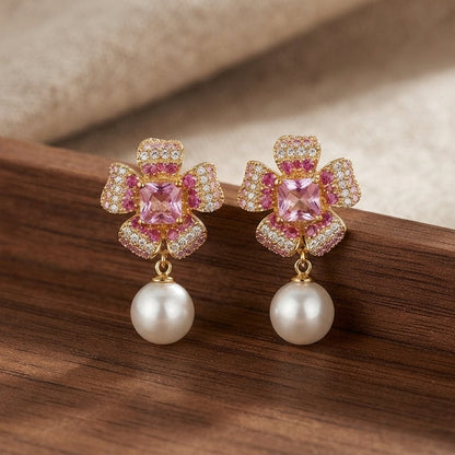 Elegant Pink Crystal Floral Pearl Drop Earrings