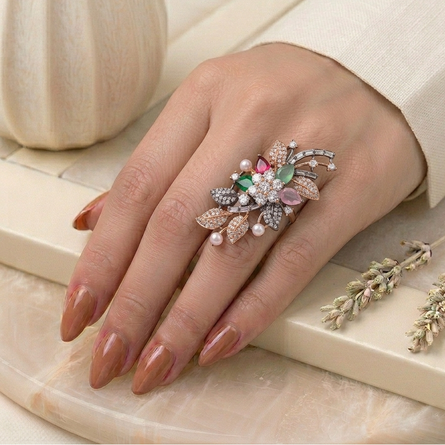 Aarohi Multi Coloured Ring in Black Polish